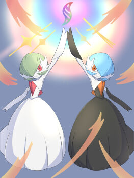 2girls alternate_color arm_at_side arm_up armpits black_dress black_gloves blue_hair bob_cut closed_mouth collarbone colored_skin dress elbow_gloves female_focus flat_chest full_body gardevoir gen_3_pokemon gloves green_hair hair_over_one_eye happy highres long_dress looking_at_viewer mega_evolution mega_evolution_symbol mega_gardevoir mega_pokemon multiple_girls nintendo one_eye_covered onion_kishi orange_eyes pokemon pokemon_(creature) red_eyes shiny_and_normal shiny_pokemon short_hair smile split_mouth standing strapless strapless_dress symmetry white_dress white_gloves white_skin