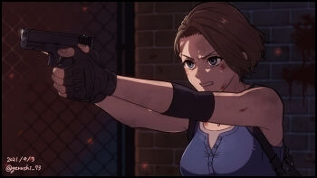 1girl artist_name black_gloves blue_eyes blue_shirt brick_wall brown_hair daisy_mk_589 dated elbow_pads fingerless_gloves gloves gun handgun highres holding holding_gun holding_weapon jill_valentine resident_evil resident_evil_3:_nemesis resident_evil_3_(remake) shirt single_elbow_pad weapon