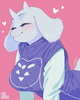 1girl artist_name body_fur breasts closed_eyes closed_mouth dress eyelashes floppy_ears from_side furry furry_female heart highres horns inuki_(aruurara) large_breasts leaning_forward pink_background purple_dress simple_background smile solo tail tail_wagging toriel undertale utdr_(toby_fox) white_fur