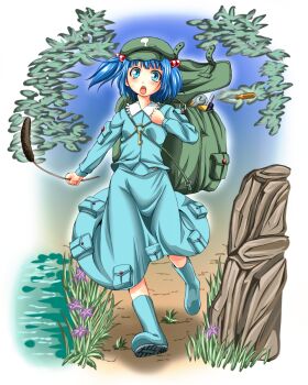 Rule 34 | 1girl, :o, backpack, bag, blue boots, blue eyes, blue hair, blue shirt, blue skirt, blush, boots, cattail, collared shirt, commentary request, full body, grass, green bag, green hat, hair bobbles, hair ornament, hat, highres, jewelry, kawashiro nitori, key, key necklace, looking at viewer, necklace, newsboy cap, open mouth, outdoors, plant, pocket, river, rubber boots, screwdriver, shiba meiji, shirt, short hair, skirt, skirt set, solo, touhou, two side up, walking, wrench