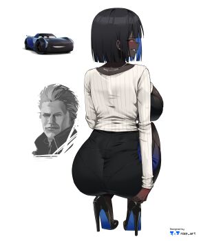 1girl 2boys absurdres artist_name black_bra black_hair black_pantyhose black_shoes black_skirt blue_hair bra breasts car cars_(movie) cleavage_cutout clothing_cutout colored_inner_hair devil_may_cry_(series) earrings high_heels highres humanization jackson_storm_(cars) jewelry large_breasts long_sleeves looking_at_viewer looking_back medium_hair motor_vehicle multicolored_hair multiple_boys necklace nisp_art pantyhose pencil_skirt purple_eyes shoes skirt sleeves_past_wrists smile smug squatting sweater underwear vergil_(devil_may_cry) white_background white_sweater