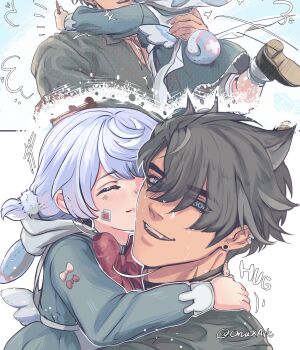 Rule 34 | 1boy, 1girl, absurdres, black hair, blush, bow, bowtie, character request, commentary, ear piercing, earrings, english commentary, genshin impact, happy, highres, hug, jewelry, kiss, kissing cheek, long hair, naya (onaxart), open mouth, piercing, purple hair, red bow, red bowtie, short hair, smile, twitter username, wriothesley (genshin impact)