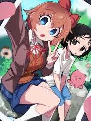 1boy 1other 2girls absurdres antennae between_legs black_hair blazer blue_eyes blue_shorts blue_skirt blue_sky bongftah brown_eyes brown_hair brown_jacket brown_sweater bush choppy_bangs creature crossover day doki_doki_literature_club doki_doki_literature_club_school_uniform family_guy feet_out_of_frame from_above grass hair_between_eyes hand_between_legs highres holding holding_phone jacket kneehighs kuze_shizuka looking_at_viewer multiple_crossover multiple_girls on_rock open_clothes open_jacket open_mouth outdoors peter_griffin phone pleated_skirt red_ribbon ribbon sayori_(doki_doki_literature_club) school_uniform selfie shirt short_hair shorts signature sitting skirt sky socks sweater takopii takopii_no_genzai thighs tree tsurime v white_shirt white_socks wide-eyed