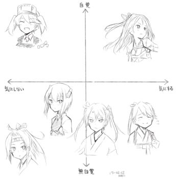 10s 6+girls chart dated closed_eyes flat_chest flying_sweatdrops graph greyscale hachimaki headband houshou_(kancolle) kadokawa_shoten kantai_collection katsuragi_(kancolle) kawashina_(momen_silicon) magatama monochrome multiple_girls open_mouth ryuujou_(kancolle) signature smile taihou_(kancolle) trait_connection translation_request twintails visor_cap zuihou_(kancolle) zuikaku_(kancolle)