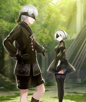 Rule 34 | 1boy, 1girl, 2b (nier:automata), 9s (nier:automata), belt, black belt, black dress, black gloves, black hairband, black jacket, black shorts, black socks, black thighhighs, blindfold, breasts, chest belt, covered eyes, dappled sunlight, day, dress, escalator, facing another, facing to the side, feet out of frame, game cg, gloves, grass, grey hair, grin, hairband, hand on own hip, indoors, jacket, knee up, long sleeves, medium breasts, nier:automata, nier (series), official art, outstretched arm, ruins, short hair, shorts, skylight, smile, socks, sunlight, thighhighs, third-party source, tile floor, tiles, toji no miko, toji no miko: kizamishi issen no tomoshibi, tree, urban