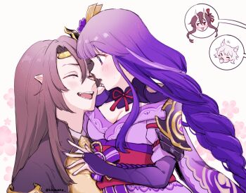 1boy 3girls armor black_hair blunt_bangs blush braid breasts bridal_gauntlets brown_hair chiyo_(genshin_impact) cleavage closed_eyes commentary couple english_commentary eyeliner fangs fox_girl bad_tag from_side genshin_impact girl_on_top hair_between_eyes hair_ornament headpiece hetero highres horns japanese_clothes keke_(kkmaro) kitsune_saiguu large_breasts laughing leaning_on_person leaning_to_the_side light_blush long_braid long_hair looking_down makeup mitsudomoe_(shape) multicolored_hair multiple_girls open_mouth pointy_ears purple_eyes purple_hair raiden_shogun red_eyeliner red_eyes sasayuri_(genshin_impact) shoulder_armor shy single_braid sitting sitting_on_person spoken_character streaked_hair sweatdrop teasing teeth tomoe_(symbol) upper_body upper_teeth_only white_background white_hair