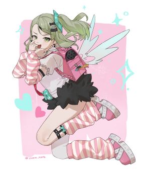 Rule 34 | 1girl, aqua nails, arm warmers, bandaid, bandaid hair ornament, black skirt, blush, border, commentary, earrings, english commentary, from side, fur-trimmed skirt, fur trim, green eyes, green hair, hair ornament, heart, highres, jewelry, leg warmers, looking at viewer, multiple hair clips, musical note earrings, necktie, open mouth, pink arm warmers, pink background, pink bag, pink leg warmers, pink shoes, ponytail, red necktie, shirt, shoes, skirt, solo, striped arm warmers, striped leg warmers, sunna (zenless zone zero), white border, white shirt, white wings, winged bag, wings, zenless zone zero, zorrie 02076