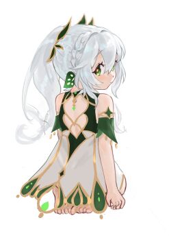 070203wjx 1girl armlet arms_at_sides back_cutout bare_shoulders barefoot braid closed_mouth clothing_cutout commentary cross-shaped_pupils curled_fingers detached_sleeves dress expressionless eyelashes from_behind full_body genshin_impact gold gold_trim green_eyes green_sleeves hair_between_eyes hair_ornament half_crown_braid highres jewelry leaf leaf_hair_ornament long_hair looking_back nahida_(genshin_impact) seiza side_ponytail sidelocks sitting skirt_cutout solo symbol-shaped_pupils tareme toes untranslatable_commentary white_background white_dress white_hair yellow_pupils