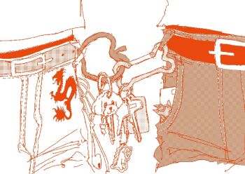 Rule 34 | 2girls, belt, buckle, cellphone, charm (object), close-up, commentary, dithering, earbuds, earphones, english commentary, highres, key, keyring, lower body, monochrome, multiple girls, oekaki, original, panties, panty peek, phone, pocket, red theme, s33lpup, short shorts, shorts, sketch, smartphone, underwear