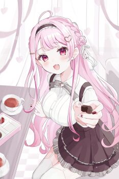 Rule 34 | 1girl, black hairband, black skirt, box, box of chocolates, braid, breasts, candy, chocolate, chocolate heart, collared shirt, commentary request, commission, cup, fake nails, food, frilled hairband, frilled skirt, frills, hair ribbon, hairband, hanayura tira (vtuber), heart, heart-shaped food, highres, incoming food, indie virtual youtuber, large breasts, long hair, looking at viewer, open mouth, overall skirt, pink eyes, pink hair, reaching, reaching towards viewer, ribbon, sakuragi kohaku, shirt, skirt, solo, tea, teacup, thighhighs, virtual youtuber, white ribbon, white shirt, white thighhighs