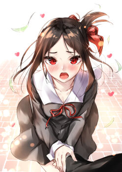 1girl black_dress black_hair blush breasts cleavage collarbone commentary_request dress folded_ponytail hair_ribbon heart highres holding_hands kaguya-sama_wa_kokurasetai_~tensai-tachi_no_renai_zunousen~ long_sleeves looking_at_viewer neck_ribbon open_mouth pov red_eyes red_ribbon ribbon sahara386 school_uniform shinomiya_kaguya shuuchiin_academy_school_uniform small_breasts solo_focus winter_uniform