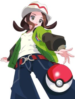 1girl :d amanotti_01 belt brown_eyes brown_hair from_below green_jacket harmony_(pokemon) hat highres jacket mega_ring nintendo open_clothes open_jacket open_mouth poke_ball poke_ball_(basic) pokemon pokemon_legends:_z-a shirt smile solo striped_hat white_background white_hat white_shirt