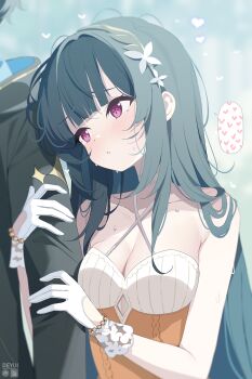 1boy 1girl beads black_hair black_jacket blue_background blunt_bangs blush breast_press breasts cleavage commentary_request criss-cross_halter deyui dress gloves gold_trim hair_ornament hairband halter_dress halterneck heart hetero highres holding_another&#039;s_arm jacket long_hair looking_ahead looking_at_another male_tyrant_(stella_sora) medium_breasts nazuka_(stella_sora) orange_dress outdoors parted_lips pink_eyes revision sidelocks sleeveless sleeveless_dress spoken_heart star_(symbol) stella_sora sweat symbol-shaped_pupils two-sided_fabric two-sided_jacket two-tone_dress tyrant_(stella_sora) very_long_hair white_dress white_gloves