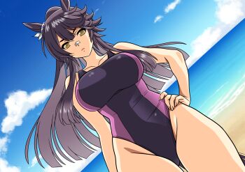 Rule 34 | 1girl, animal ears, bandaid, bandaid on face, bandaid on nose, bare shoulders, beach, black hair, blue sky, breasts, cloud, collarbone, commentary request, competition swimsuit, hair between eyes, hand on own hip, highres, horse ears, horse girl, horse tail, large breasts, long hair, looking at viewer, narita brian (umamusume), ocean, one-piece swimsuit, outdoors, ponytail, purple one-piece swimsuit, sky, solo, swimsuit, tail, umamusume, water, yellow eyes, yuuyuu (3jjbn)