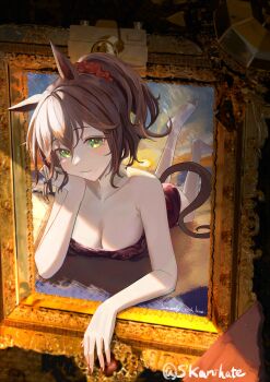 1girl absurdres alternate_costume animal_ears aston_machan_(umamusume) bare_shoulders barefoot blush breasts brown_hair commentary_request ear_ornament feet framed fyly0927 green_eyes highres horse_ears horse_girl horse_tail large_breasts looking_at_viewer lying medium_hair on_stomach painting_(object) ponytail smile solo tail the_pose twitter_username umamusume