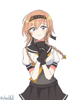 1girl absurdres black_gloves black_headband black_sailor_collar black_skirt braid brown_hair clothes_writing cowboy_shot gloves grey_eyes hair_ornament hands_on_own_chest headband highres kantai_collection long_hair neckerchief one-hour_drawing_challenge pleated_skirt propeller_hair_ornament robinson_(day_l_full) sailor_collar sailor_shirt school_uniform serafuku shirt simple_background skirt smile solo teruzuki_(kancolle) twin_braids twitter_username white_background white_shirt yellow_neckerchief