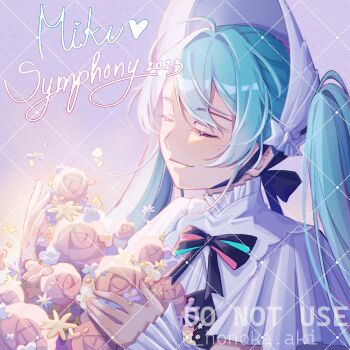 1girl 2023 artist_name black_bow black_bowtie blue_hair bow bowtie closed_eyes closed_mouth commentary english_text eyelashes flower hair_between_eyes hand_up hatsune_miku highres holding holding_flower light_smile mchang2312 miku_symphony_(vocaloid) pink_flower twintails twitter_username vocaloid