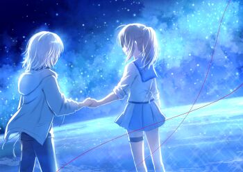 1boy 1girl angel_beats! black_pants black_shirt blue_sailor_collar blue_skirt brown_hair drawstring hisako_(angel_beats!) holding_hands hood hood_down hooded_jacket jacket kirisaki_(angel_beats!) long_sleeves nakamura_hinato night night_sky open_clothes open_jacket pants pleated_skirt ponytail sailor_collar school_uniform serafuku shirt skirt sky standing star_(sky) starry_sky thigh_strap white_jacket white_shirt