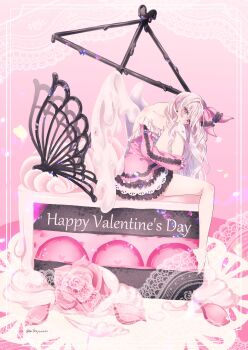 Rule 34 | 1girl, absurdres, angel, bare legs, bare shoulders, barefoot, black butterfly, bow, bug, butterfly, cake, cake slice, collarbone, dress, english text, envelope, eyelashes, flower, food, frilled dress, frills, hair bow, happy valentine, head tilt, highres, holding, holding envelope, insect, lace background, letter, light particles, long hair, long sleeves, love letter, mihayuuno, mouth hold, off-shoulder dress, off shoulder, on food, original, pink background, pink bow, pink dress, pink eyes, pink flower, pink rose, pink theme, rose, short dress, sitting, valentine, very long hair, wavy hair, white hair