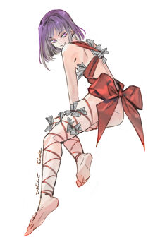 1boy absurdres barefoot bow chinese_commentary dated eldard_(lofter) full_body highres looking_at_viewer looking_back money naked_ribbon purple_hair red_bow red_ribbon ribbon short_hair signature simple_background sketch smile the_hundred_line_-last_defense_academy- trap tsukumo_ima tucked_money white_background