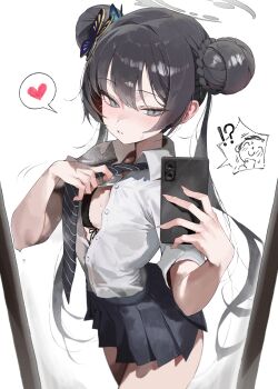!? 1girl absurdres adjusting_clothes adjusting_necktie black_bra black_hair black_necktie black_skirt blue_archive blush bra braid braided_bun breasts butterfly_hair_ornament cellphone commentary diagonal-striped_clothes diagonal-striped_necktie doodle_sensei_(blue_archive) double_bun dress_shirt fingernails front-tie_bra full-length_mirror hair_bun hair_ornament halo heart highres holding holding_phone kisaki_(blue_archive) kisaki_(school_uniform)_(blue_archive) long_hair miniskirt mirror necktie official_alternate_costume partially_unbuttoned pepq phone pleated_skirt reflection reflection_focus revision selfie sensei_(blue_archive) shirt shirt_tucked_in simple_background skirt small_breasts smartphone solo spoken_expression spoken_heart striped_clothes sweat thighs twintails underwear very_long_hair video_call white_background white_shirt