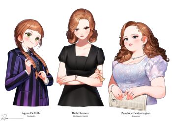 3girls agnes_demille black_dress black_vest blunt_bangs bracelet braid breasts bridgerton brown_eyes brown_hair character_name chess_piece cleavage closed_mouth collared_shirt copyright_name crossed_arms curly_hair dress earrings elizabeth_harmon green_eyes grey_dress grey_eyes hand_in_own_hair holding holding_chess_piece holding_newspaper jacket jewelry light_blush long_hair medium_breasts medium_hair multiple_girls necktie netflix newspaper parted_lips penelope_featherington plump purple_jacket purple_necktie ring ryota_(ry_o_ta) school_uniform shirt short_sleeves signature smile striped_clothes striped_jacket suit_jacket the_addams_family the_queen's_gambit twin_braids upper_body vest wednesday_(netflix) white_background white_shirt