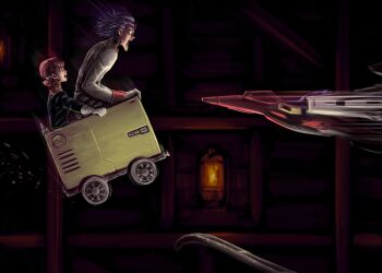 Rule 34 | 1boy, 1girl, donkey kong (series), donkey kong country, falling, gloves, gundam, hair bobbles, hair ornament, highres, imminent death, minecart, nintendo, on railroad tracks, paptimus scirocco, pink hair, profile, pun, purple hair, sakkan, sarah zabiarov, screaming, spinning wheel, titans (gundam), waverider crash, white gloves, zeta gundam, zeta gundam (mobile suit)