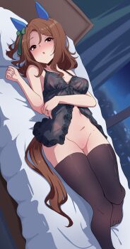 1girl absurdres animal_ears babydoll black_babydoll black_thighhighs blush bottomless breasts brown_hair commission ear_covers geerux highres horse_ears horse_tail indoors jewelry king_halo_(umamusume) long_hair lying medium_breasts nipples no_shoes on_back on_bed pussy red_eyes ring second-party_source see-through_clothes solo tail thighhighs umamusume