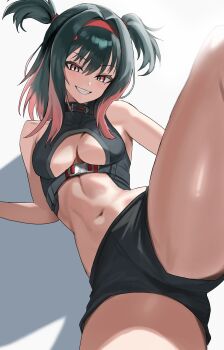 1girl absurdres bare_arms bare_shoulders black_choker black_hair black_shirt black_shorts black_survival breasts choker clothing_cutout crop_top eternal_return:_black_survival grin hairband highres hisui_(black_survival) leg_up long_hair looking_at_viewer medium_breasts midriff mole mole_under_eye multicolored_hair navel pink_hair pyogo red_eyes sharp_teeth shirt short_shorts shorts sleeveless sleeveless_shirt smile solo stomach teeth thighs two-tone_hair two_side_up underboob underboob_cutout v-shaped_eyebrows