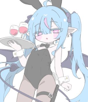 1girl :o ahoge animal_ear_hairband animal_ears bare_shoulders bat_wings black_bow black_bowtie black_hairband black_leotard blue_hair blush_stickers bow bowtie covered_navel cowboy_shot cup demon_girl demon_tail detached_collar drink drinking_glass earrings fake_animal_ears flat_chest hair_between_eyes hair_bow hairband highres holding holding_tray holster izumi_(yura_izumi) jewelry leotard loli long_hair looking_at_viewer multicolored_hair multiple_earrings multiple_hair_bows original pantyhose pink_eyes pink_streaks playboy_bunny pointy_ears rabbit_ear_hairband rabbit_ears rabbit_tail simple_background solo streaked_hair symbol-shaped_pupils tail thigh_holster thigh_strap tray twintails two-tone_hair very_long_hair white_background white_wrist_cuffs wine_glass wings wrist_cuffs x-shaped_pupils