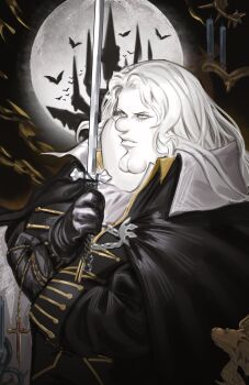 1boy absurdres alternate_costume alucard_(castlevania) ascot bat_(animal) black_coat castle castlevania:_symphony_of_the_night castlevania_(series) cleft_chin coat cosplay curtained_hair family_guy fat fat_man full_moon highres holding holding_sword holding_weapon huge_moon kowai_(iamkowai) moon night peter_griffin sword trench_coat vampire weapon white_ascot white_hair
