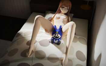 3d absurdres bed breasts censored character_doll convenient_censoring doll feet glasses grabbing_own_thigh highres hime_cut jack_frost_(megami_tensei) long_hair lying nipples nude on_back orange_hair persona persona_5 pillow pov sakura_futaba shin_megami_tensei small_breasts stuffed_toy thigh_grab