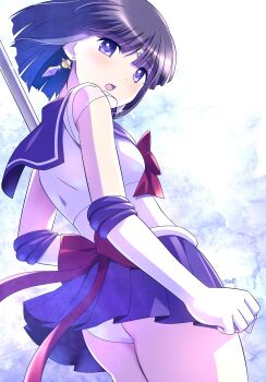 1girl ass back_bow bishoujo_senshi_sailor_moon black_hair blue_eyes blue_sailor_collar blue_skirt bow circlet crystal_earrings earrings elbow_gloves floating_earrings gloves highres himehachi_(hime8manga) jewelry legs_together magical_girl miniskirt open_mouth panties pantyshot planet_earrings pleated_skirt red_bow sailor_collar sailor_saturn sailor_senshi_uniform shirt short_hair silence_glaive skirt sleeveless sleeveless_shirt solo standing tomoe_hotaru underwear white_gloves white_panties white_shirt