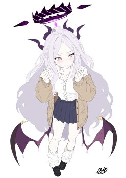 1girl absurdres ahoge blue_archive blue_skirt blush breasts commentary_request demon_girl demon_horns demon_wings highres hina_(blue_archive) horns long_hair low_wings oto_jampan purple_eyes simple_background skirt small_breasts solo standing very_long_hair white_background white_hair wings