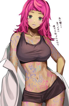1girl absurdres black_bra black_shorts blush bra collarbone comet_(gnosia) commentary_request contrapposto cowboy_shot full-body_tattoo gnosia green_eyes hand_on_own_hip highres jacket long_hair looking_at_viewer navel nime_kitajima pink_lips removing_jacket short_bangs shorts simple_background solo sports_bra stomach tan tattoo underwear white_background white_jacket