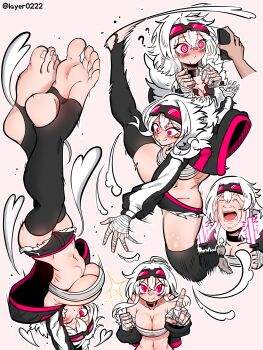 1girl borrowed_character breasts cleavage highres multiple_views niwamaru_(niwarhythm) original red_eyes shorts solo thighhighs white_hair