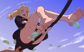 1girl absurdres ass barefoot black_dress blonde_hair blue_eyes blush broom broom_riding commentary dress english_commentary esmile feet foot_focus foreshortening from_below highres jujutsu_kaisen nishimiya_momo no_panties open_mouth panties soles solo teeth thighs toes torn torn_clothes torn_panties twintails underwear upper_teeth_only white_panties witch