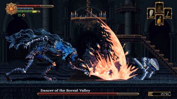 armor armored_dress ashen_one_(dark_souls) blasphemous chandelier covered_face dancer dancer_of_the_boreal_valley dark_souls_(series) dark_souls_iii dodging dress fake_screenshot fire flaming_sword flaming_weapon flask health_bar holding holding_shield holding_sword holding_weapon parody pixel_art shield sword tall_female thomas_feichtmeir weapon
