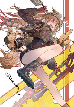 Rule 34 | !, 1girl, :d, absurdres, animal ears, arknights, baguette, black shoes, bread, breasts, brown eyes, brown hair, brown jacket, ceobe (arknights), ceobe (unfettered) (arknights), chain, character name, chibi, chibi inset, dated, dog ears, dog girl, dog tail, ears through headwear, fang, food, foot out of frame, gloves, hat, highres, holding, holding weapon, jacket, kanshio, long hair, open mouth, pointing, red gloves, shoes, simple background, skin fang, smile, solo, tail, weapon