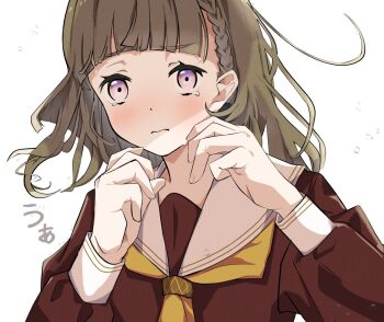 Rule 34 | 1girl, 3:, braid, brown dress, brown hair, center-flap bangs, closed mouth, commentary request, dress, frown, hasu no sora school uniform, kachimachi kosuzu, link! like! love live!, llb, long hair, long sleeves, love live!, neckerchief, pink eyes, sailor collar, sailor dress, scared, school uniform, side ahoge, side braids, solo, tearing up, translation request, virtual youtuber, white sailor collar, winter uniform, yellow neckerchief