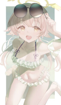 Rule 34 | 1girl, absurdres, azuma (sospower73), bare shoulders, bikini, blue archive, blush, brown hair, commentary request, eyewear on head, frilled bikini, frills, halo, hifumi (blue archive), hifumi (swimsuit) (blue archive), highres, long hair, looking at viewer, low twintails, navel, off-shoulder bikini, off shoulder, official alternate costume, open mouth, ribbon-trimmed bikini, ribbon-trimmed swimsuit, ribbon trim, round eyewear, sitting, smile, solo, sunglasses, swimsuit, twintails, wariza, white bikini, winged halo, yellow eyes, yellow halo