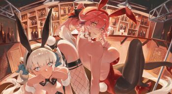 2girls absurdres ahoge alternate_costume animal_ears arms_up black_pantyhose braid breasts changli_(wuthering_waves) closed_mouth colored_extremities commentary_request detached_collar fake_animal_ears fishnet_thighhighs fishnets hair_between_eyes hair_extensions high_heels highleg highleg_leotard highres jinhsi_(wuthering_waves) large_breasts leotard liudaohai6001 looking_at_viewer mole mole_under_eye multicolored_hair multiple_girls pantyhose pink_hair playboy_bunny pole rabbit_ears red_hands red_leotard red_shoes ring_hair_extensions shoes smile strapless strapless_leotard stripper_pole thighhighs thighs two-tone_hair white_eyes white_hair wuthering_waves yellow_eyes