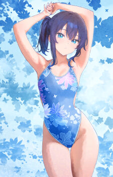 1girl arms_up black_hair blue_eyes blue_one-piece_swimsuit breasts competition_swimsuit flat_chest floral_print highleg highleg_one-piece_swimsuit medium_breasts one-piece_swimsuit original side_ponytail sidelocks solo swimsuit thigh_gap yuki_(nyge2252)