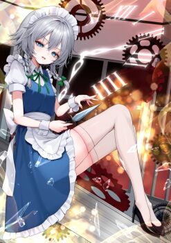 1girl apron black_shoes blue_dress blue_eyes bow braid collared_shirt commentary double-parted_bangs dress full_body gears glass_shards green_bow green_ribbon grey_hair hair_between_eyes hair_bow high_heels holding holding_knife izayoi_sakuya knife looking_at_viewer maid_headdress medium_hair mikan_(manmarumikan) neck_ribbon puffy_short_sleeves puffy_sleeves ribbon shirt shoes short_sleeves side_braids solo thighhighs touhou waist_apron white_apron white_shirt white_thighhighs wrist_cuffs