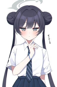 Rule 34 | 1girl, alternate costume, black hair, black skirt, blue archive, blush, collared shirt, double bun, dress shirt, frown, grey eyes, grey halo, hair bun, halo, hand up, highres, kisaki (blue archive), kisaki (school uniform) (blue archive), light frown, long hair, murase48, necktie, pleated skirt, school uniform, shirt, simple background, skirt, solo, striped clothes, striped necktie, twintails, upper body, very long hair, white background, white shirt, wristband
