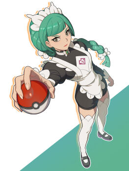 Rule 34 | 1girl, absurdres, adelie (mpey7333), apron, black romper, black shoes, blunt bangs, bow, braid, brown eyes, closed mouth, commentary request, eyelashes, fingernails, full body, hair bow, highres, holding, holding poke ball, lebanne (pokemon), long sleeves, maid headdress, nintendo, outstretched arm, poke ball, poke ball (basic), pokemon, pokemon legends: z-a, romper, shoes, solo, standing, thighhighs, white apron, white bow, white thighhighs