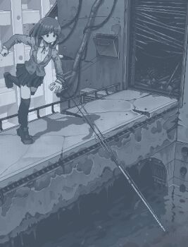 1girl :/ blazer blue_theme bridge closed_mouth collared_shirt dithering fish hamsterfragment harpoon industrial_pipe jacket jaggy_lines light_particles loafers long_sleeves medium_hair miniskirt monochrome motion_lines neck_ribbon original outdoors over-kneehighs pleated_skirt reflection reflective_liquid ribbon school_uniform shirt shoes skirt solo standing standing_on_one_leg shinohata_sachie_(hamsterfragment) thighhighs throwing vent_(object) water