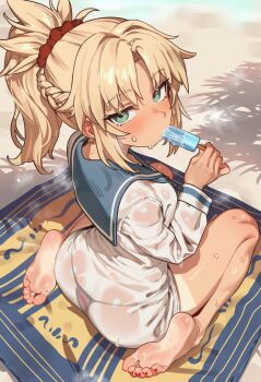 1girl absurdres ass barefoot beach_mat bikini bikini_under_clothes blonde_hair blue_sailor_collar blush braid breasts eating ebora fate/grand_order fate_(series) feet food green_eyes hair_ornament hair_scrunchie half_up_braid highres long_hair long_sleeves looking_at_viewer mordred_(fate) mordred_(swimsuit_rider)_(fate) mordred_(swimsuit_rider)_(second_ascension)_(fate) nail_polish parted_bangs ponytail popsicle red_bikini red_scrunchie sailor_collar scrunchie shirt shorts_tan sidelocks small_breasts soles solo sweat swimsuit tan tanline toenail_polish toenails toes white_shirt