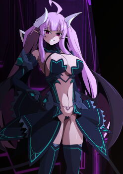 1girl absurdres aged_up ahoge alternate_breast_size_(larger) amakubo_yuri aoi_tabane black_gloves black_thighhighs breasts cleavage commentary_request commission corruption dark_persona demon_girl demon_horns demon_tail demon_wings elbow_gloves evil_smile gloves grin hand_on_own_hip highres horns kouyoku_senki_exs-tia large_breasts lilistia lilistia_yuriel long_hair looking_at_viewer low_wings maebari mind_control navel pink_hair pixiv_commission pointy_ears pubic_tattoo purple_eyes purple_hair revealing_clothes showgirl_skirt smile smirk solo standing tail tattoo thighhighs twintails very_long_hair wings