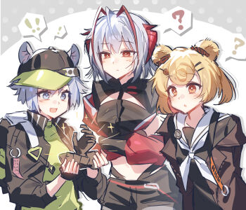 ! !! 3girls :d :o ? ahoge animal_ears antenna_hair arknights black_hat black_jacket black_shirt blonde_hair blush bright_pupils chinese_commentary click_(arknights) closed_mouth commentary_request crop_top cropped_jacket cropped_shirt crossed_arms ears_through_headwear green_hat green_shirt grey_eyes grey_hair group_picture guan_zhuang_zhen_ye_lin gummy_(arknights) hair_ornament hairclip hat high_collar highres holding jacket light_blush long_sleeves looking_at_object multicolored_hair multiple_girls neckerchief open_clothes open_jacket open_mouth orange_eyes parted_lips peaked_cap raised_eyebrow red_eyes red_hair red_jacket sailor_collar shirt short_hair smile sparkle sparkling_aura spoken_exclamation_mark spoken_question_mark streaked_hair w_(arknights) white_neckerchief white_pupils white_sailor_collar wis&#039;adel_(arknights)